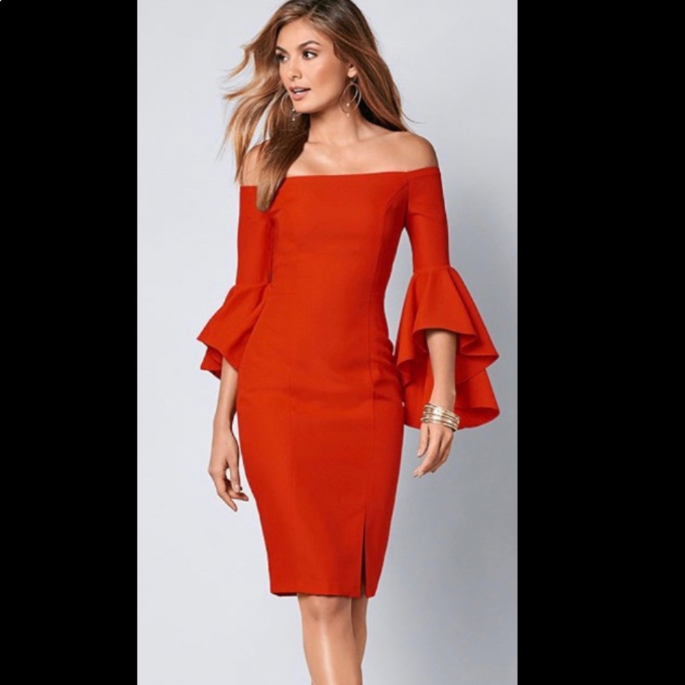 Venus Red Off The Shoulder Flounce Sleeve Dress 4